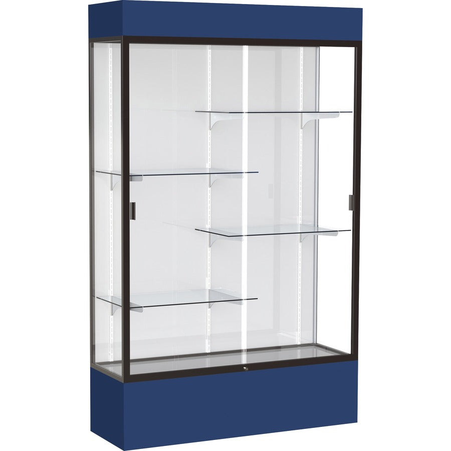 Waddell Lighted Floor Case, White Back w/ Dark Bronze Frame & Colored Base - 48" Width x 16" Depth x 80" Height - 4 x Shelf(ves) - Sliding Door(s) - 25 lb Load Capacity - Lockable, Adjustable Shelf, Handcrafted, LED Light - Navy - Assembly Required - T...