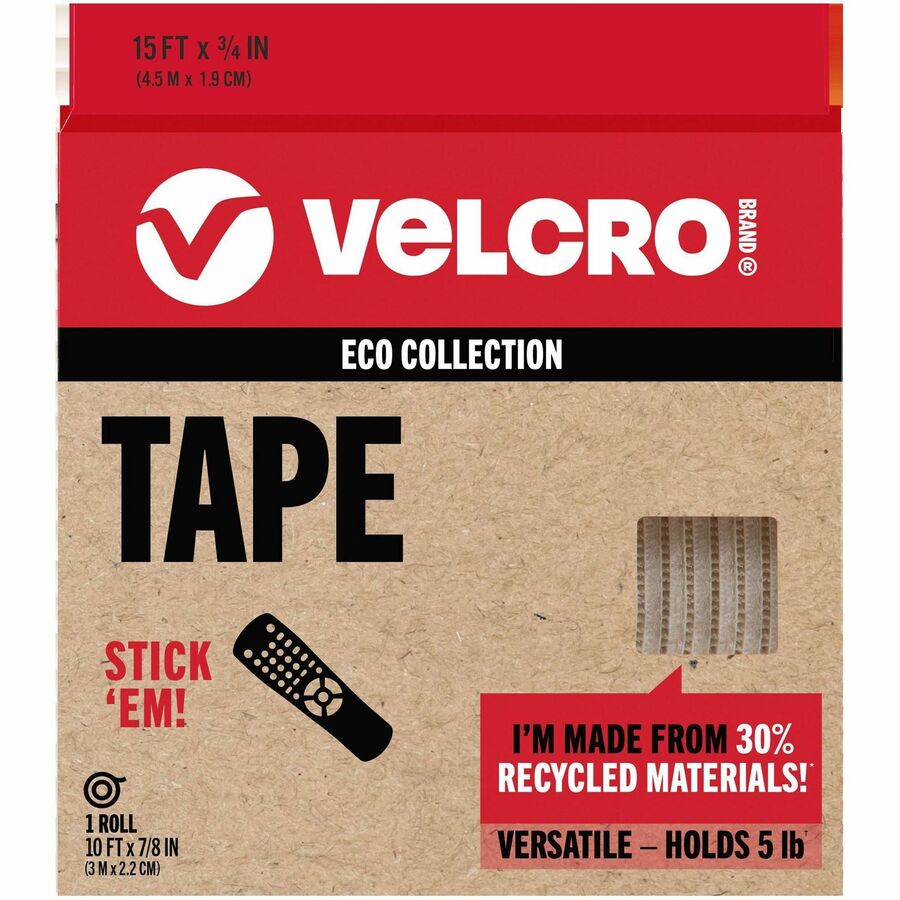 VELCRO®, Eco Collection Adhesive Backed Tape - 10 ft Length x 0.88" Width - White - 1 Each