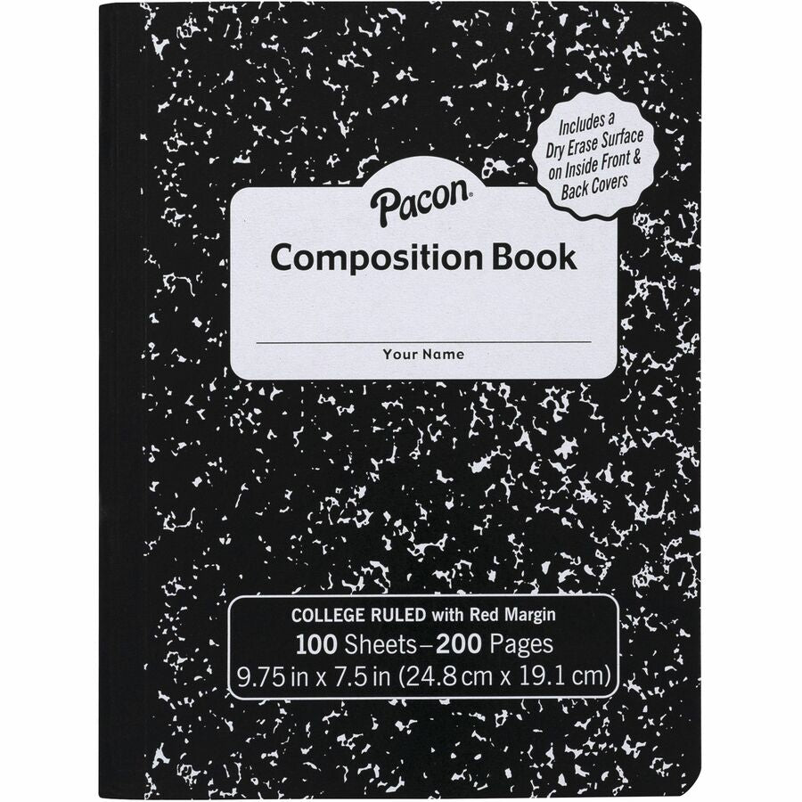 Pacon Marble Hard Cover Wide Rule Composition Book - 1 Subject(s) - 100 Sheets - 200 Pages - Wide Ruled Front Ruling - Red Margin - 9.75" Height x 7.5" Width x 0.4" Depth - Black Marble Cover - Recyclable, Hard Cover, Dry Erase Surface - 1 Each