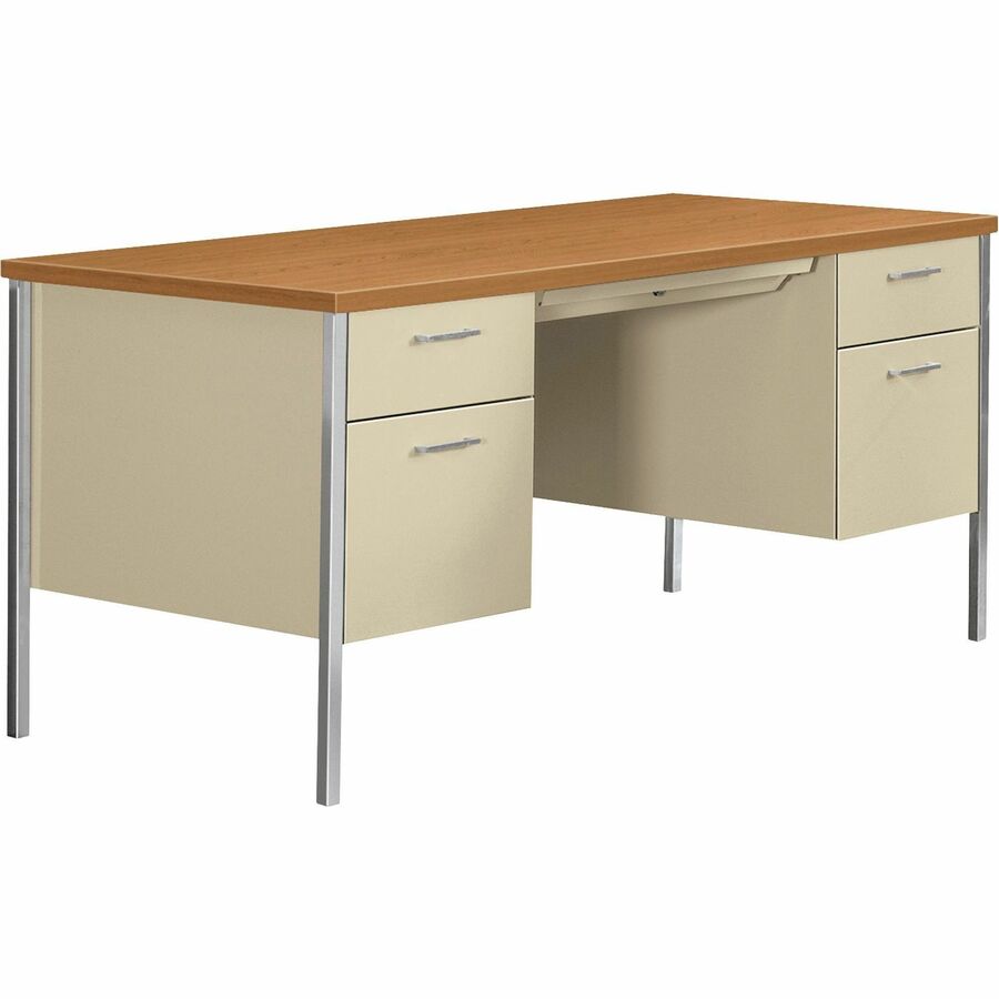 HON 34000 H34962 Pedestal Desk - 29.5" Height x 60" Width x 30" Depth - Total Drawer(s): 4 - Double Pedestal - Material: Steel - Finish: Harvest, Putty - Glide, Removable Lock, Scratch Resistant, Spill Resistant, Stain Resistant, Liquid Resistant, Stur...