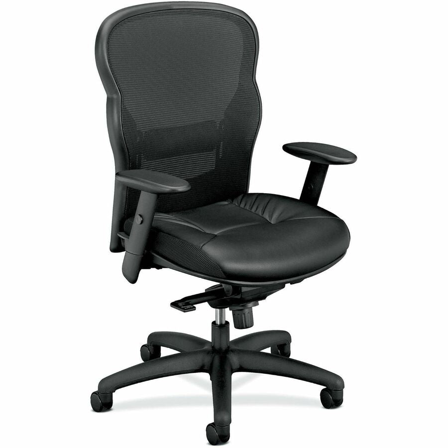 HON Wave Chair - Black Seat Color - Bonded Leather Seat Material - Black Back Color - Bonded Leather, Mesh Back Material - Black Frame Color - Reinforced Resin Frame Material - High Back - 5-star Base - Black - 1 Each