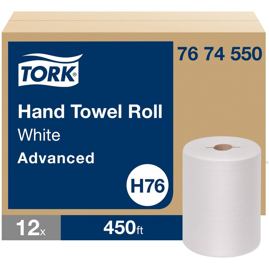 TORK Advanced Hand Towel Roll - 1 Ply - 1 15/16" Core - Texture - White - Paper - 12 / Carton