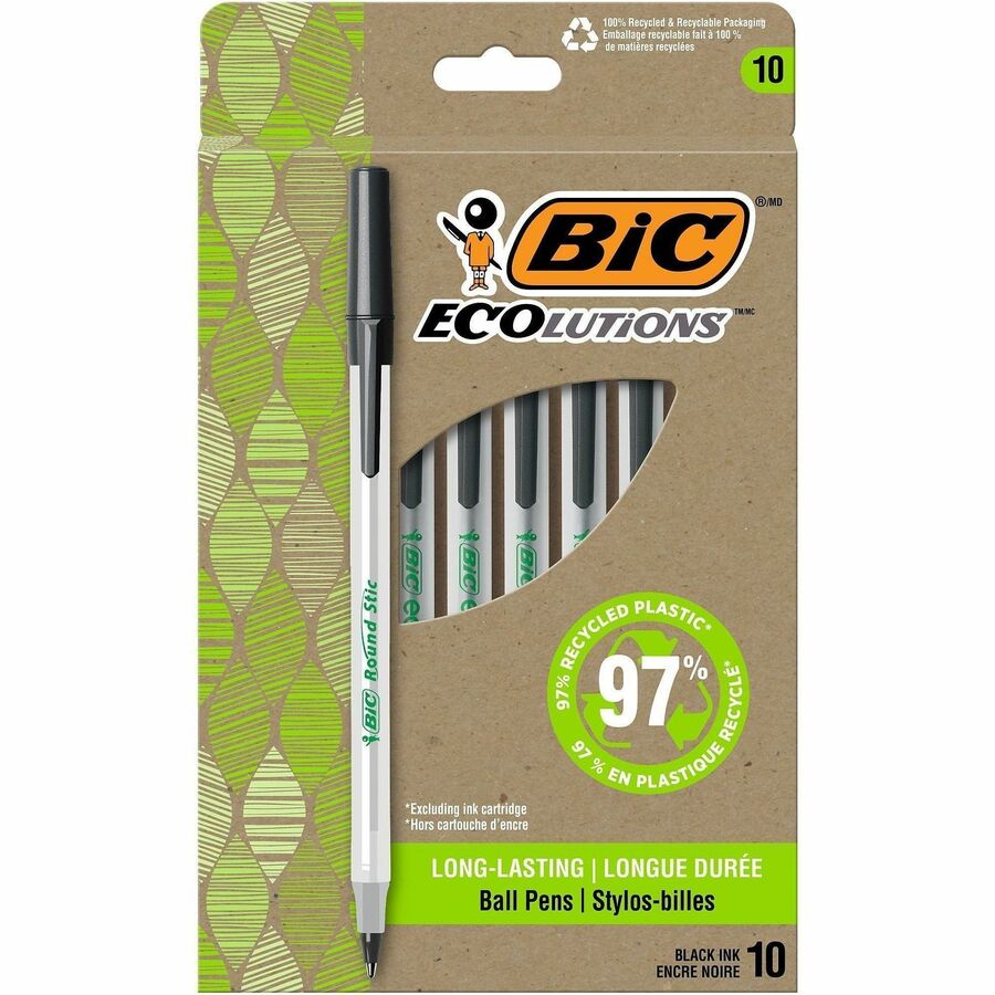 BIC Ecolutions Round Stic Ball Point Pen - Black Ink - Semi-transparent Barrel - 10 / Pack