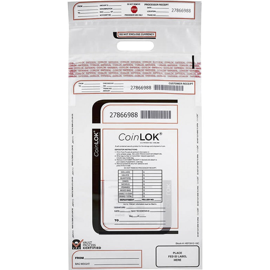 ControlTek CoinLOK Plastic Coin Bags - 25" Length x 12" Width - Clear - Plastic - Coin - 50 / Pack