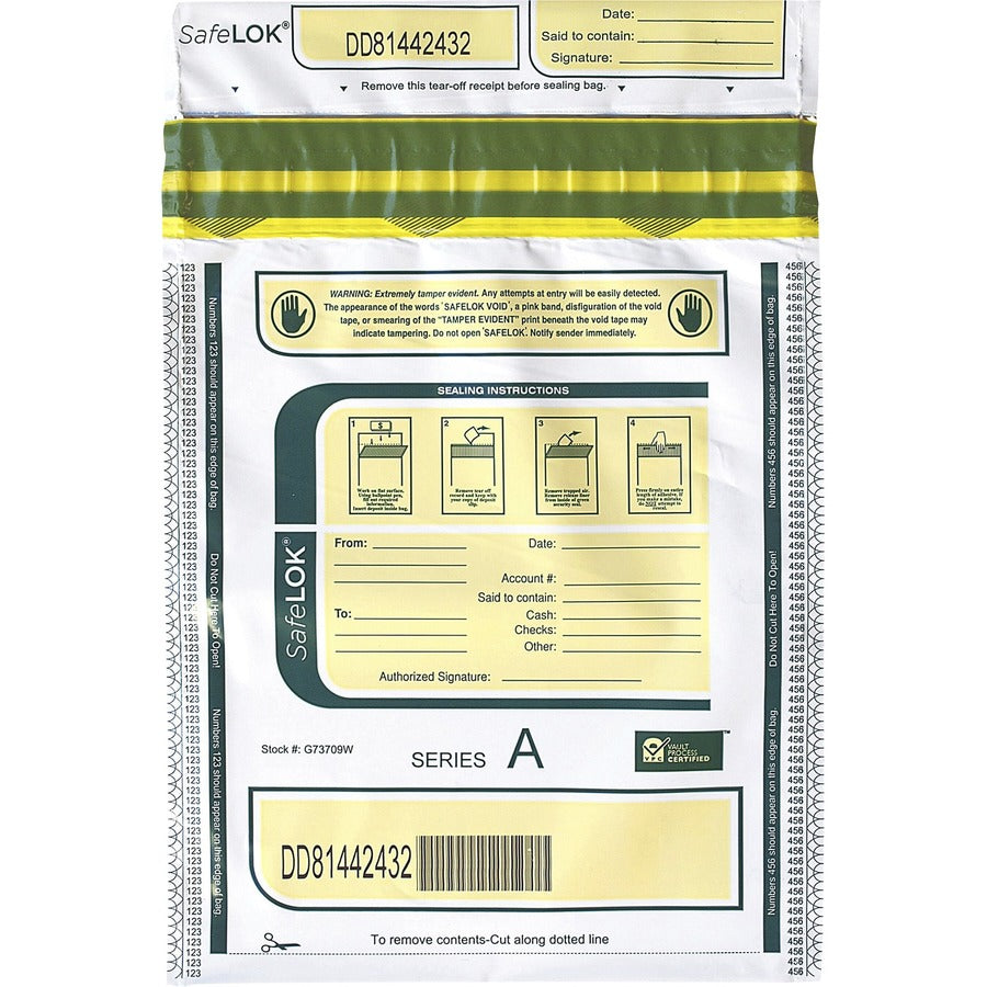 ControlTek SafeLOK Tamper-Evident Deposit Bags - 12" Length x 9" Width - Seal Closure - White - Deposit, Cash, Note, Bill - 100 / Pack