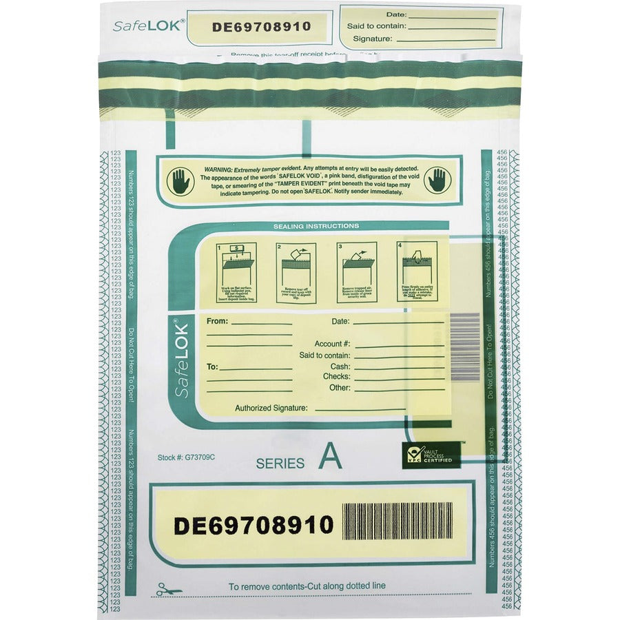 ControlTek SafeLOK Tamper-Evident Deposit Bags - 12" Length x 9" Width - Seal Closure - Clear - Deposit, Cash, Note, Bill - 100 / Pack