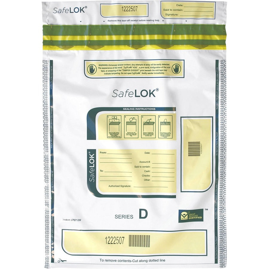 ControlTek SafeLOK Tamper-Evident Deposit Bags - 16" Length x 12" Width - Seal Closure - White - Cash, Deposit, Note, Bill - 100 / Pack