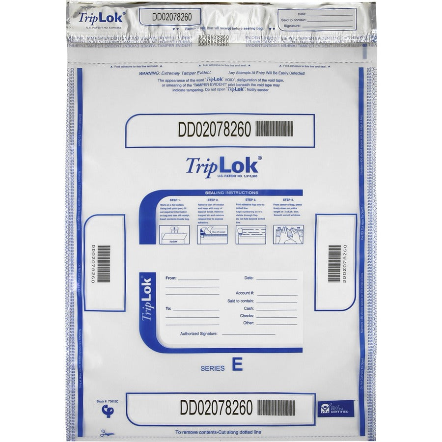 ControlTek TripLOK High-Performing Security Bags - 20" Length x 15" Width - Seal Closure - Clear - Polyethylene - Cash, Bill, Deposit - 50/Pack - 50 / Pack