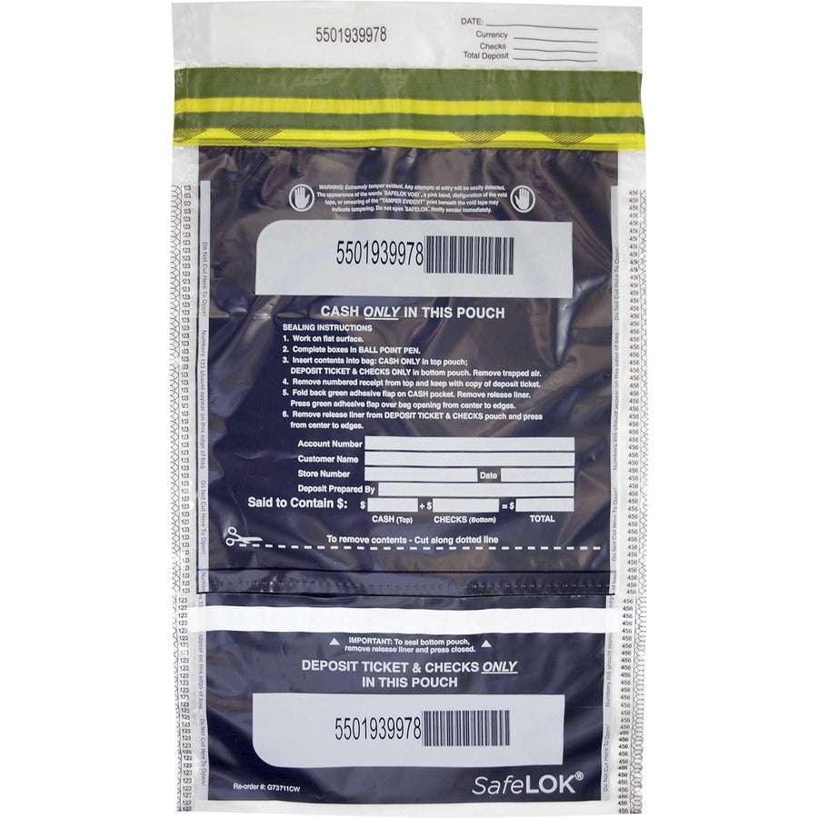 ControlTek SafeLOK VT Tamper-Evident Deposit Bags - 15" Length x 10" Width - Seal Closure - Clear - Bill, Deposit, Cash, Deposit Slip, Check - 100 / Pack