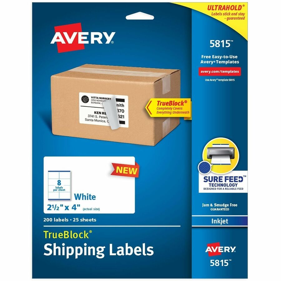 Avery®, Printable Shipping Labels, 2.5" x 4" , 200 Labels (5815) - x 2 1/2" Width x 4" Length - Permanent Adhesive - Rectangle - Inkjet - Matte - White - Paper - 8 / Sheet - 25 Total Sheets - 200 Total Label(s) - For Label Printer - 200 / Pack
