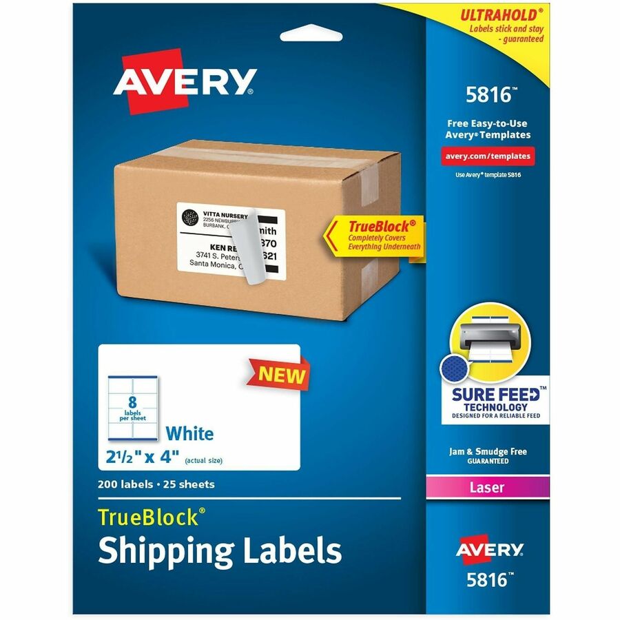 Avery®, Printable Shipping Labels, 2.5" x 4" , 200 Labels (5816) - x 2 1/2" Width x 4" Length - Permanent Adhesive - Rectangle - Laser - Matte - White - Paper - 8 / Sheet - 25 Total Sheets - 200 Total Label(s) - For Label Printer - 200 / Pack