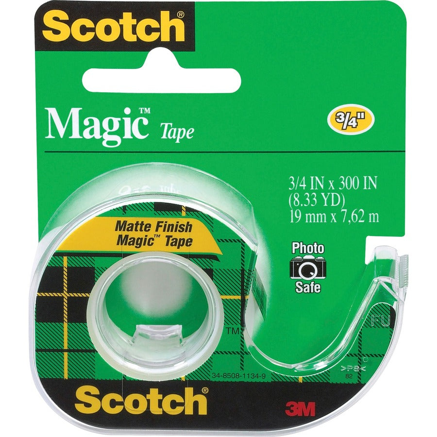 Scotch Magic Matte Finish Tape - 25 ft Length x 0.75" Width - 1" Core - Clear - Adhesive Backing - Dispenser Included - Handheld Dispenser - Split Resistant, Tear Resistant - For Document, Paper - 12 / Box