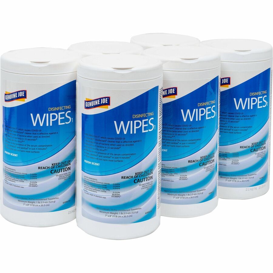 Genuine Joe Disinfecting Wipes - For Bathroom, Sink, Office, Gym, Industry - Ready-To-Use - Towel - Fresh Citrus Scent - 8" Length x 7" Width - Recommended For: Bacteria Remover, Soil Remover - Pre-moistened, Strong, Absorbent - White - 75/Tub - 6 / Ca...