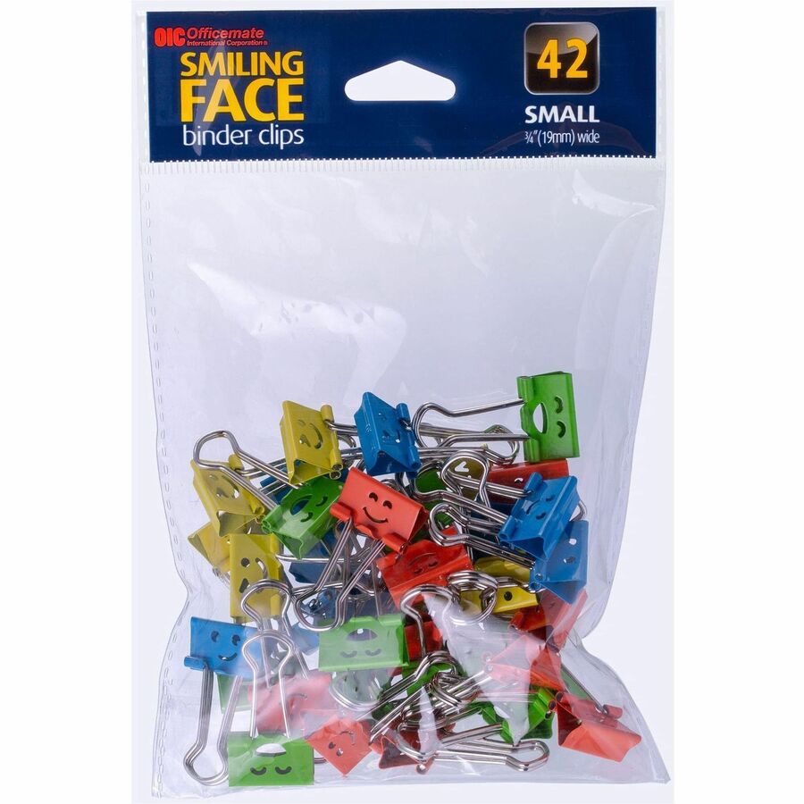 Officemate Smiling Face Binder Clips, Small, Asst Color, 42 Pcs - Small - 2.9" Length x 0.7" Width - 0.37" Size Capacity - Foldable, Removable Handle - Assorted, Green, Blue, Yellow, Red - Steel - 42 / Pack