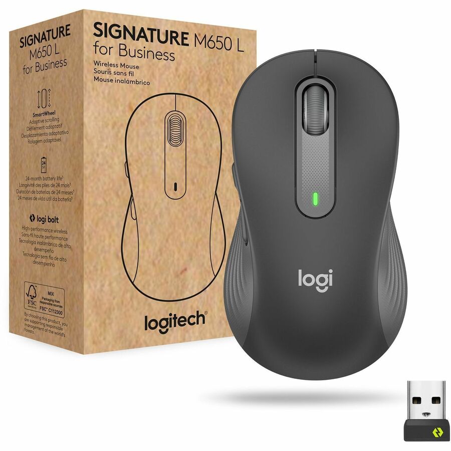 Logitech Signature M650L Mouse - Wireless - Bluetooth/Radio Frequency - Graphite - USB - 4000 dpi - Scroll Wheel - 5 Button(s) - Large Hand/Palm Size - Right-handed - 1 Each