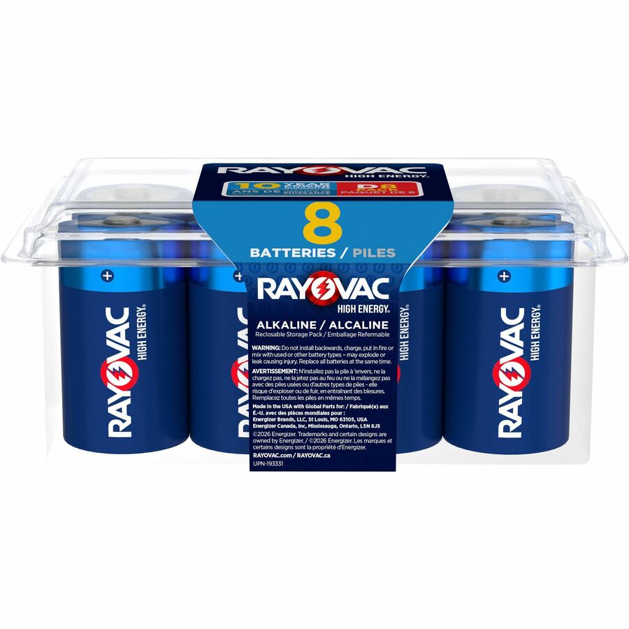 Rayovac High-Energy Alkaline D Batteries - For Flashlight, Toy - 10 Year Shelf Life - 8 / Pack