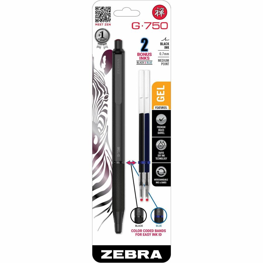 Zebra Pen G-750 Gel Retractable 0.7mm Black 1Pk - Refillable - Retractable - Black Brass Barrel - 1 Pack