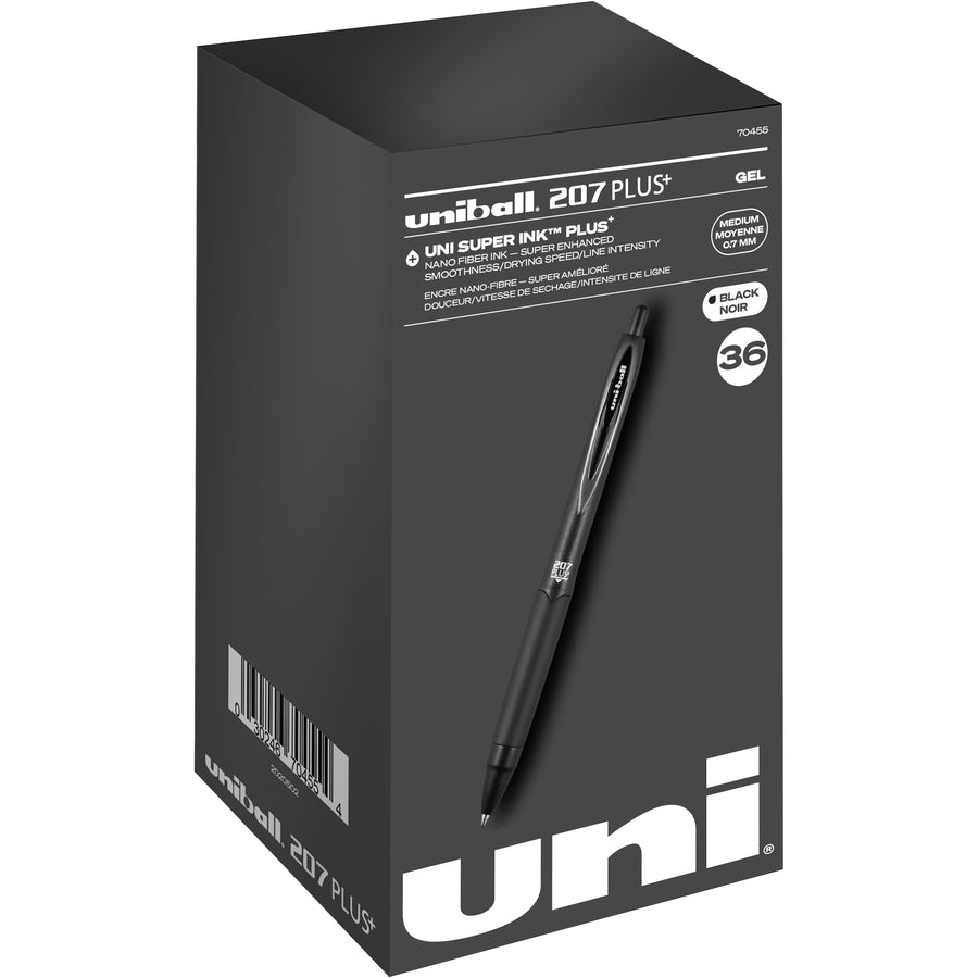 uniball™ 207 Plus+ Gel Pen - Retractable - Black Ink - Gel-based, Nanofiber Ink - Black Metal Barrel - 36 / Box