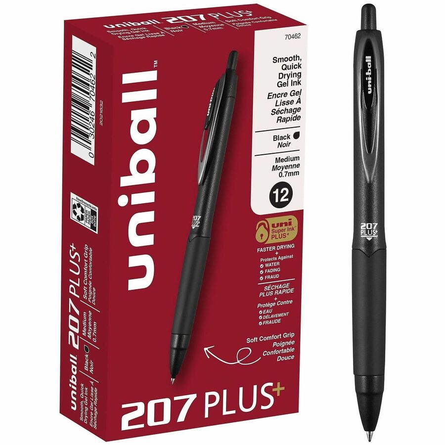 uniball™, 207 Plus+ Gel Pen - Retractable - Black Ink - Gel-based, Nanofiber Ink - Black Metal Barrel - 12 / Dozen