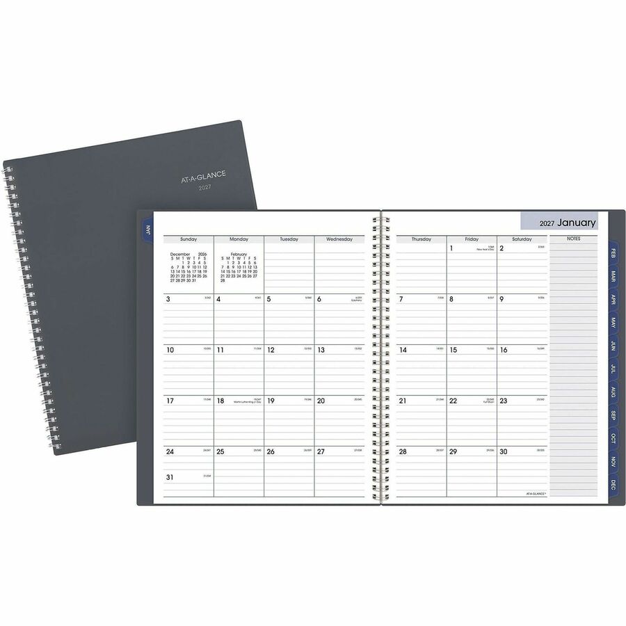 At-A-Glance DayMinder Monthly Planner - Large - Julian Dates - Monthly - 12 Month - January 2027 to December 2027 - 1 Month Double Page Layout - 8 1/2" x 11" Sheet Size - White Sheet - Wire Bound - Gray - Poly - Gray Cover - 1 Each