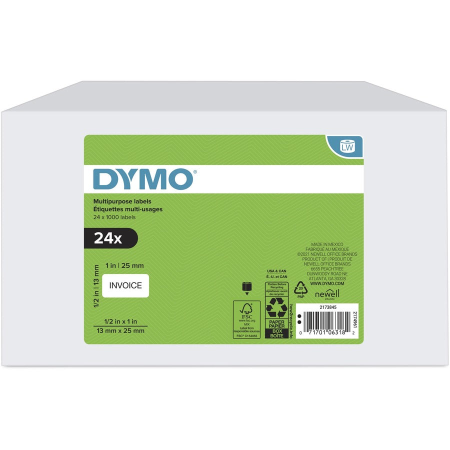 Dymo Multipurpose White Medium Labels - 1" Width x 1/2" Length - Rectangle - Thermal - White - 1000 / Roll - 24 / Box