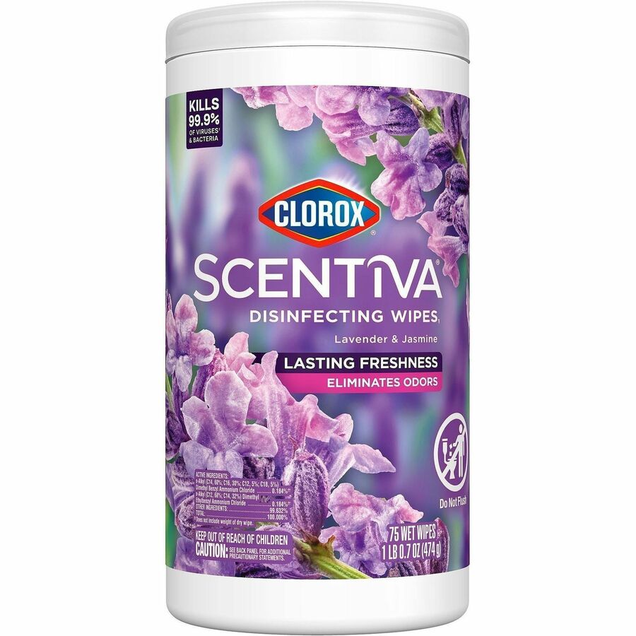 Clorox Scentiva Bleach-Free Cleaning Wipes - Lavender & Jasmine Scent - Bleach-free, Disinfectant, Long Lasting, Deodorize, Odor Neutralizer - White - 75 Tub - 1 Each