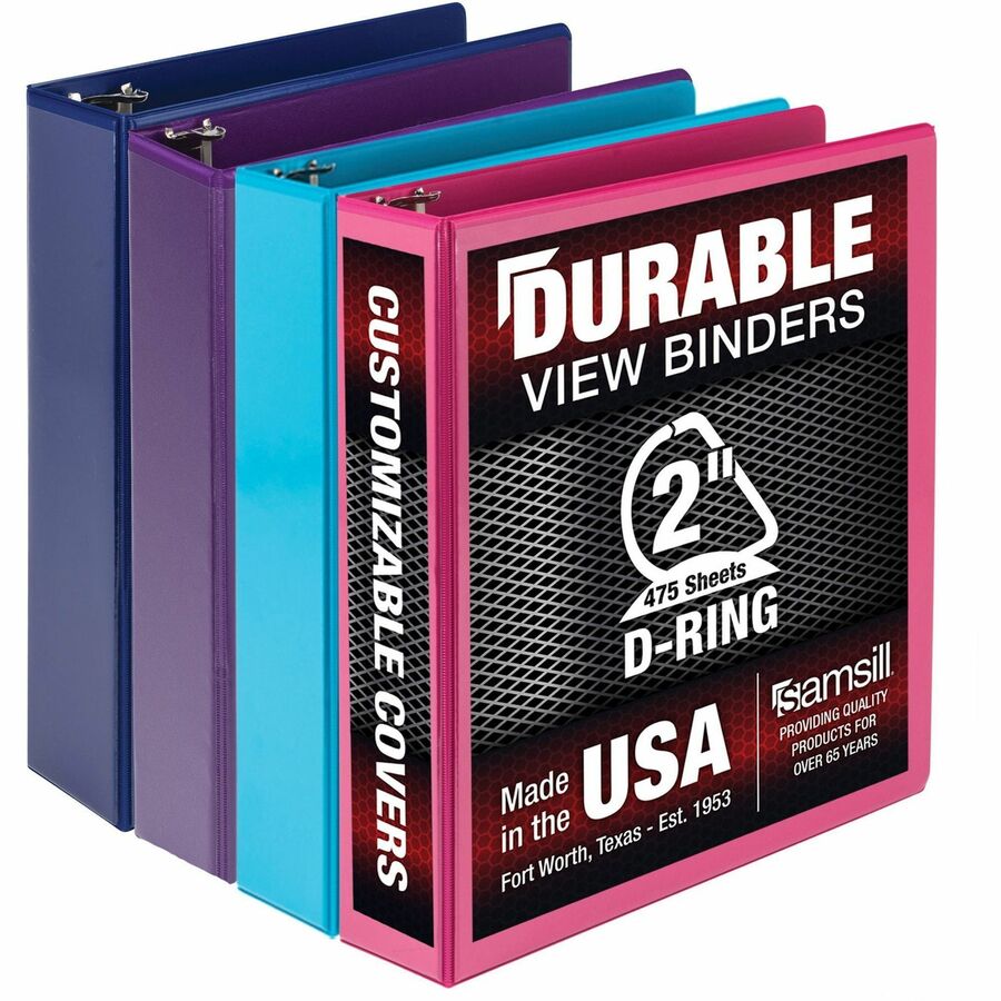 Samsill Durable View Binders - 2" Binder Capacity - Letter - 8 1/2" x 11" Sheet Size - 475 Sheet Capacity - 3 Ring - Fastener: D-Ring - Pocket: 2, Internal - Polypropylene, Chipboard - Assorted - Durable, Clear Overlay, Ink-transfer Resistant, Wear Res...
