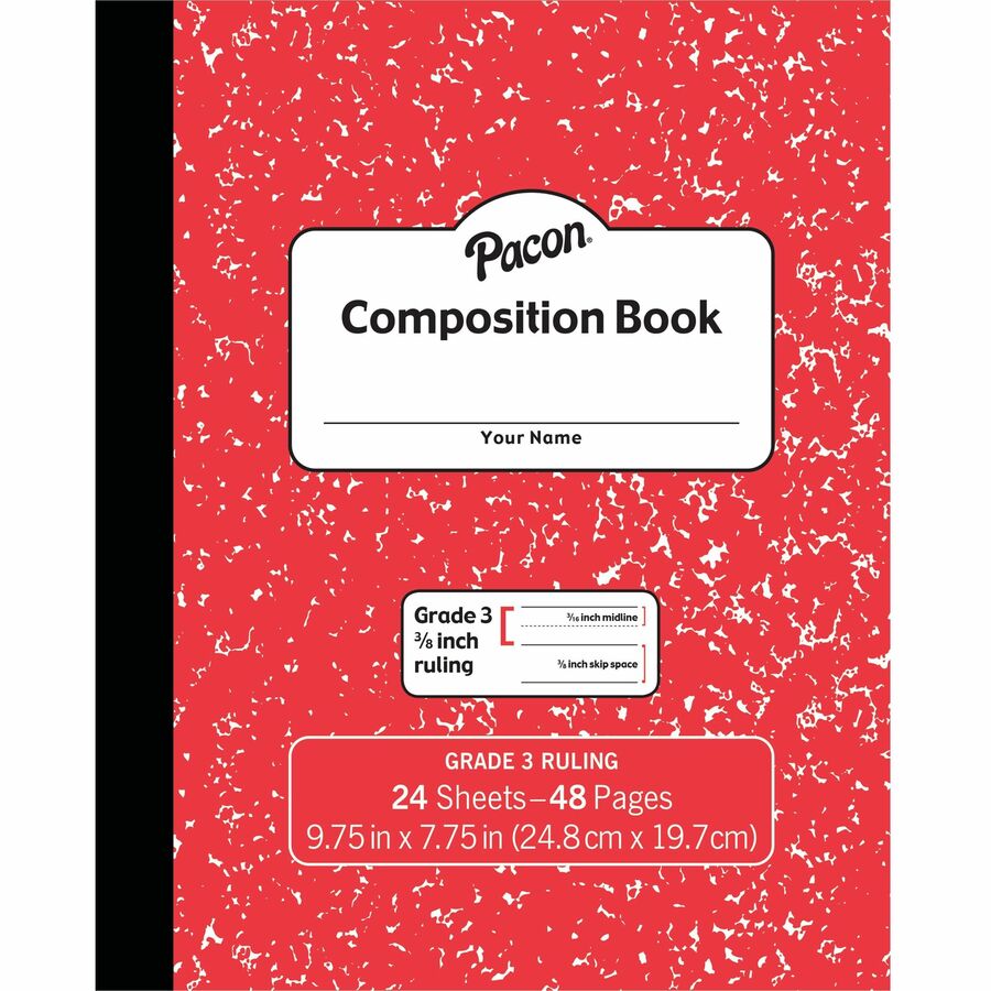 Pacon Composition Book - 24 Sheets - 48 Pages - 9.8" Width x 7.5" Depth - Red Marble Cover - Durable Cover, Soft Cover - 1 Each