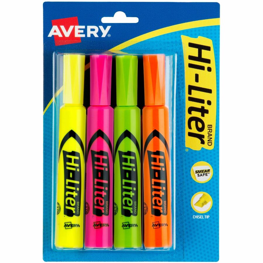 Avery Hi-Liter, Desk-Style, Assorted Colors, 4 Count (24063) - Fluorescent Yellow, Fluorescent Pink, Fluorescent Orange, Fluorescent Green Ink - Water Based - Fluorescent Green, Fluorescent Orange, Fluorescent Pink, Fluorescent Yellow Barrel - Document...