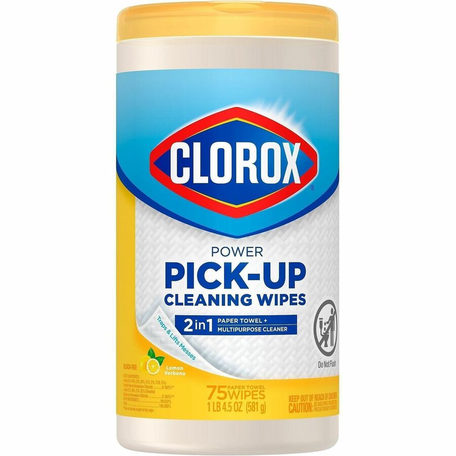 Clorox Power Pick-Up Cleaning Wipes - Lemon Verbena Scent - Pre-moistened, Textured, Residue-free - White - 75 Tub - 1 Each