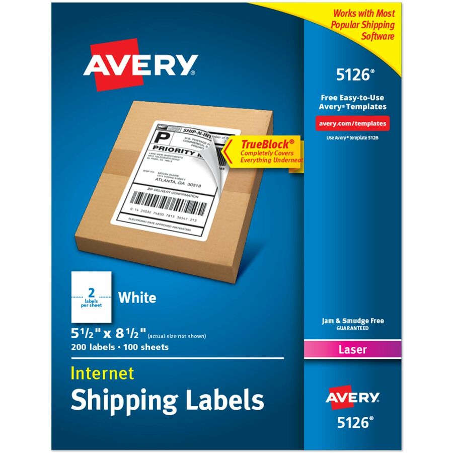 Avery®, Internet Shipping Labels, 5.5" x 8.5" , 200 Total (05126) - 5 1/2" Width x 8 1/2" Length - Permanent Adhesive - Rectangle - Laser - Matte - White - Paper - 2 / Sheet - 100 Total Sheets - 200 Total Label(s) - 1 Box