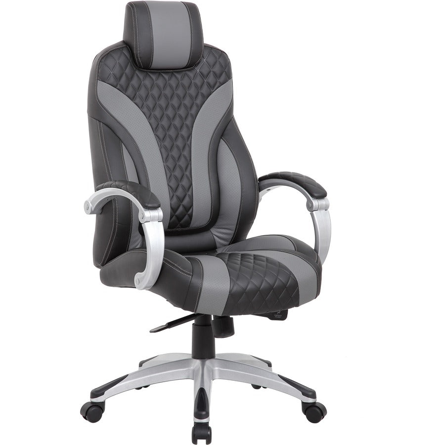 Boss Hinged Arm Executive Chair - Black, Gray Seat Color - Vinyl Seat Material - Black, Gray Back Color - Vinyl Back Material - 5-star Base - Armrest - 1 Each