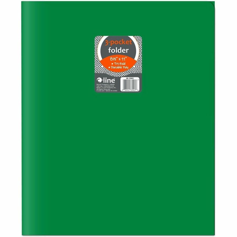 C-Line CLI-33943 Letter Portfolio - 8 1/2" x 11" - 75 Sheets Capacity - 3 Pocket - Polypropylene - Green - 24 / Box