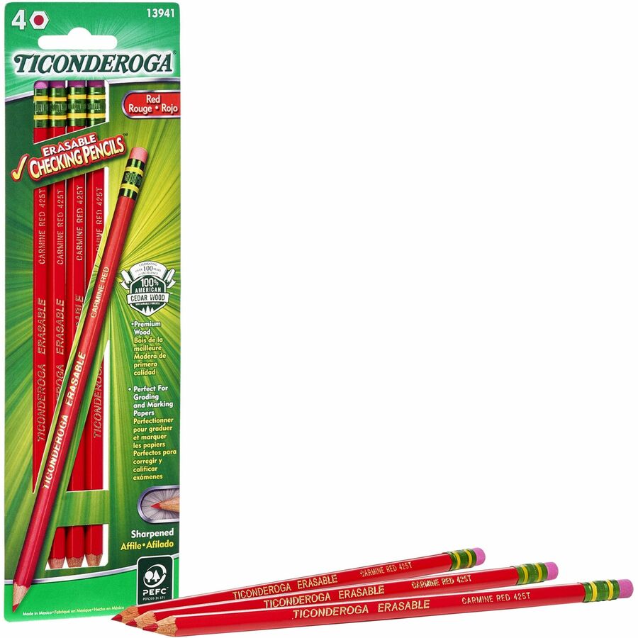 Ticonderoga Erasable Pre-Sharpened Checking Pencils - Red Lead - Red Barrel - 4 / Pack