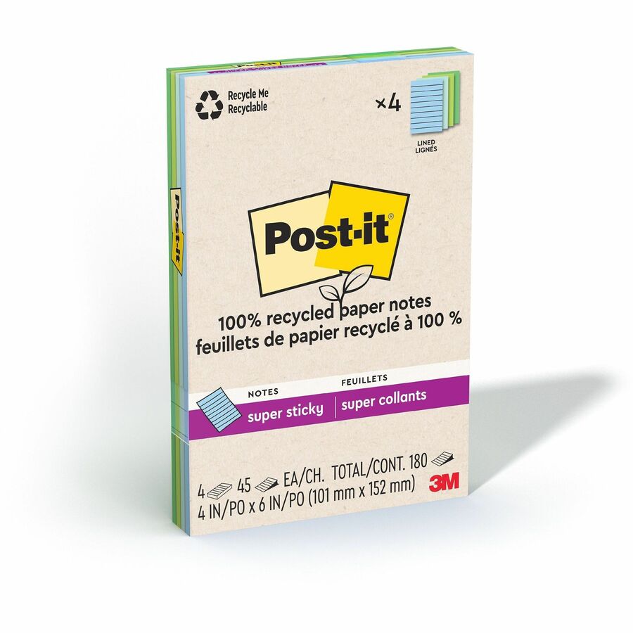 Post-it®, Super Sticky Adhesive Note - 180 - 4" Flag/Note Width x 6" Flag/Note Length - 45 Sheets per Pad - Assorted Oasis - Removable, Repositionable, Recyclable - 4 / Pack