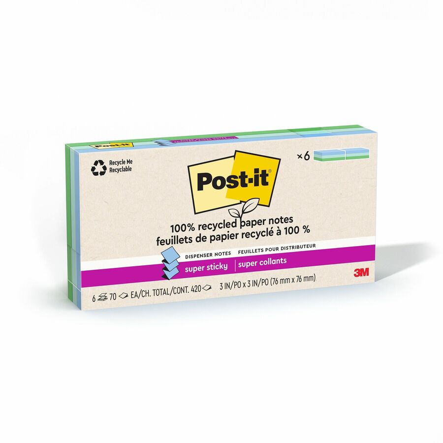 Post-it®, Super Sticky Adhesive Note - 420 - 3" Flag/Note Width x 3" Flag/Note Length - Square - 70 Sheets per Pad - Assorted Oasis - Removable, Repositionable, Recyclable, Pop-up - 6 / Pack