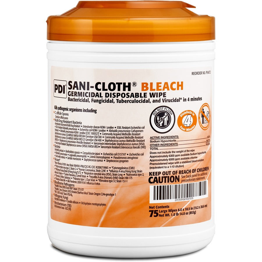 PDI Sani-Cloth Bleach Germicidal Wipes - 10.50" Length x 6" Width - Disposable, Presaturated, Pre-moistened, Fungicide - White - 75/Tub - 12 / Carton