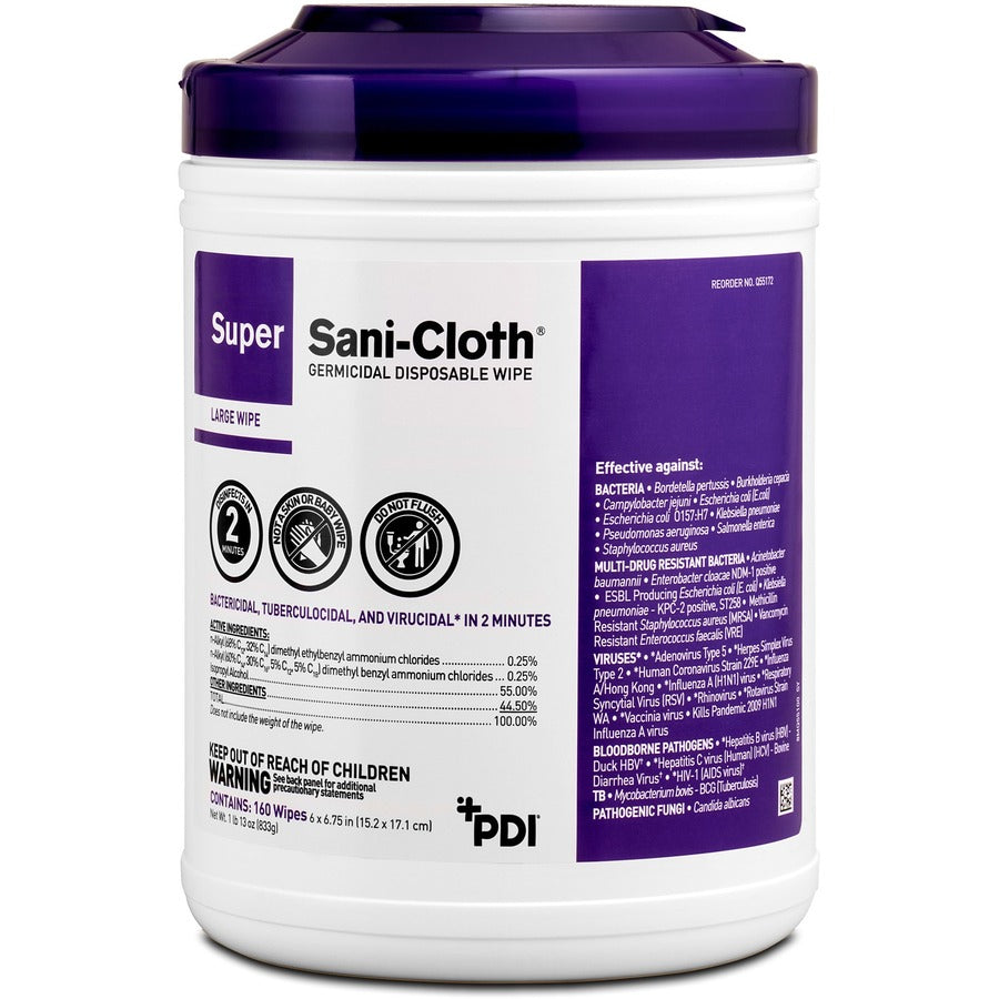PDI Super Sani-Cloth Germicidal Disposable Wipe - 6.75" Length x 6" Width - Disposable, Disinfectant, Deodorize, Latex-free, Bleach-free, Virucidal, Fungicide, Strong, Pre-moistened, Antimicrobial - White - 160/Tub - 1 Each