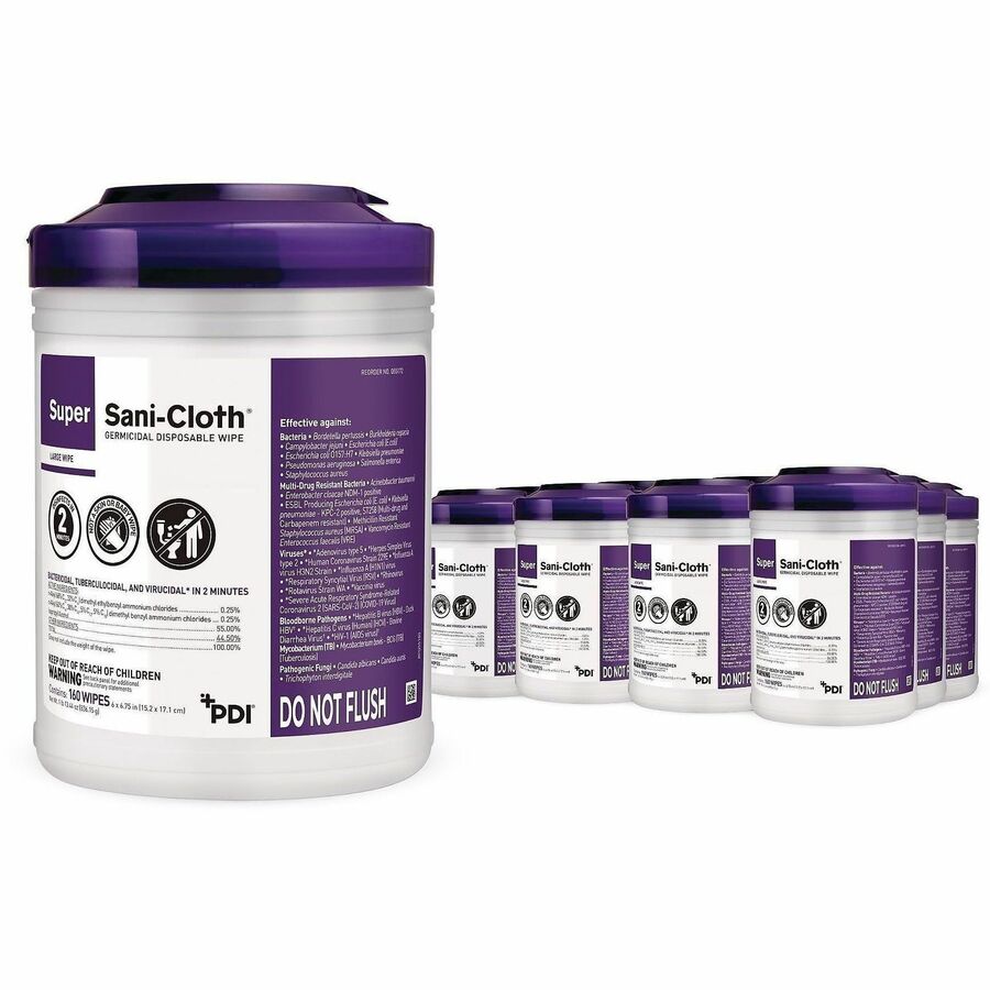 PDI Super Sani-Cloth Germicidal Disposable Wipe - 6.75" Length x 6" Width - Disposable, Disinfectant, Deodorize, Latex-free, Bleach-free, Virucidal, Fungicide, Strong, Pre-moistened, Antimicrobial - White - 160/Tub - 12 / Carton