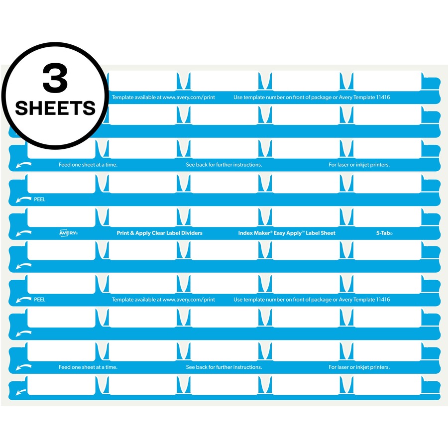 Avery®, 5 Tab Easy Print & Apply Clear Label Sheet Refills (11225) - Inkjet, Laser - Clear - 30 / Sheet - 3 Total Sheets - 3 / Pack