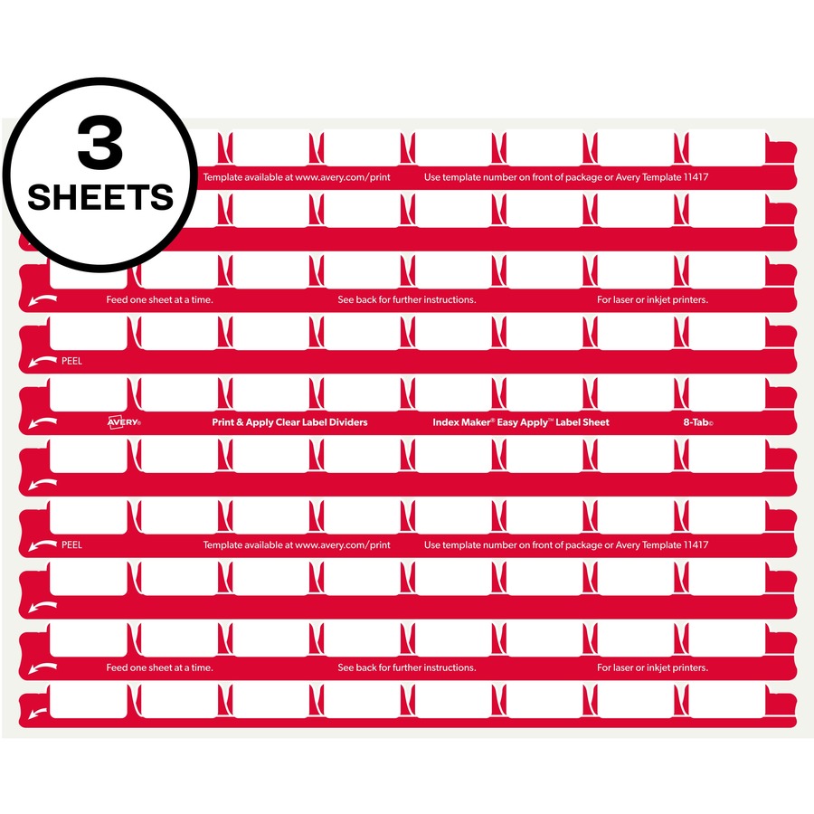 Avery®, 8 Tab Easy Print & Apply Clear Label Sheet Refills (11226) - Inkjet, Laser - Clear - Plastic - 3 Total Sheets - 30/Pack - 30 / Pack