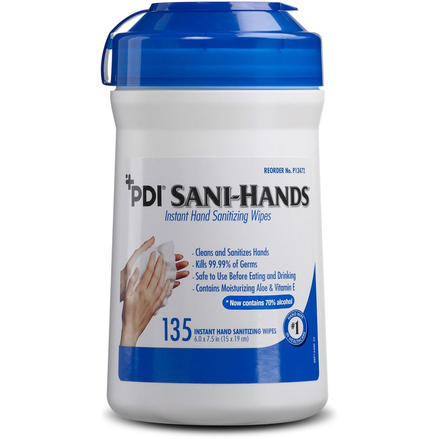 PDI Sani-Hands Instant Hand Sanitizing Wipes - 6" Width x 7.50" Length - White - 135/Tub - 1 Each