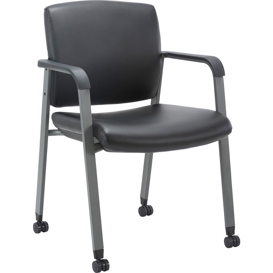 Lorell Healthcare Upholstery Guest Chair with Casters - Vinyl Seat Material - Vinyl Back Material - Steel Frame Material - Square Base - Black - Armrest - 1 Each