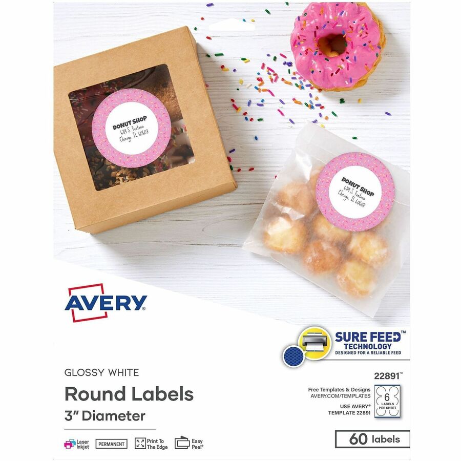Avery®, Glossy White Labels, 3" Round, 60 Labels (22891) - x 3" Diameter - Permanent Adhesive - Round - Glossy - White - Paper - 6 / Sheet - 10 Total Sheets - 60 Total Label(s) - For Label Printer - 60 / Pack