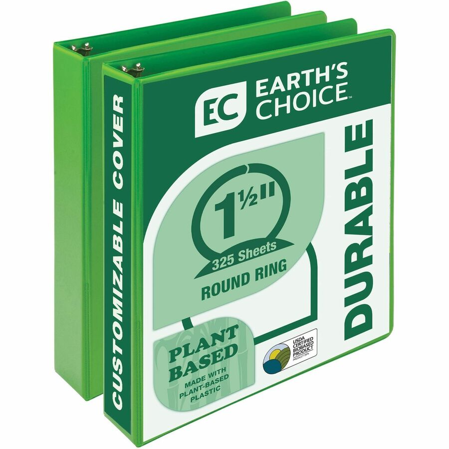 Samsill Earth's Choice Plant-based View Binders - 1 1/2" Binder Capacity - Letter - 8 1/2" x 11" Sheet Size - 3 Ring - Fastener: Round Ring - Chipboard, Polypropylene, Plastic - Lime - Bio-based, Durable, Recyclable, Punched, Clear Overlay, Non-glare...