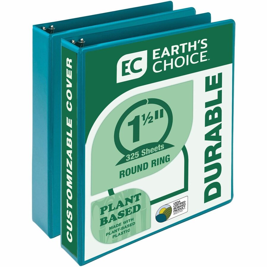 Samsill Earth's Choice Plant-based View Binders - 1 1/2" Binder Capacity - Letter - 8 1/2" x 11" Sheet Size - 3 Ring - Fastener: Round Ring - Chipboard, Polypropylene, Plastic - Turquoise - Bio-based, Durable, Recyclable, Punched, Clear Overlay, Non-gl...