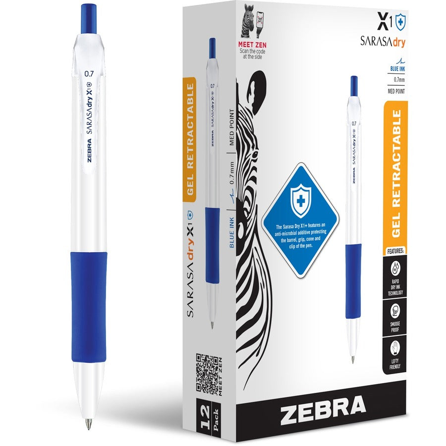 Zebra Pen SARASA dry X1+ Gel Pen - Refillable - Retractable - Blue Ink - Plastic Barrel - 12 / Dozen