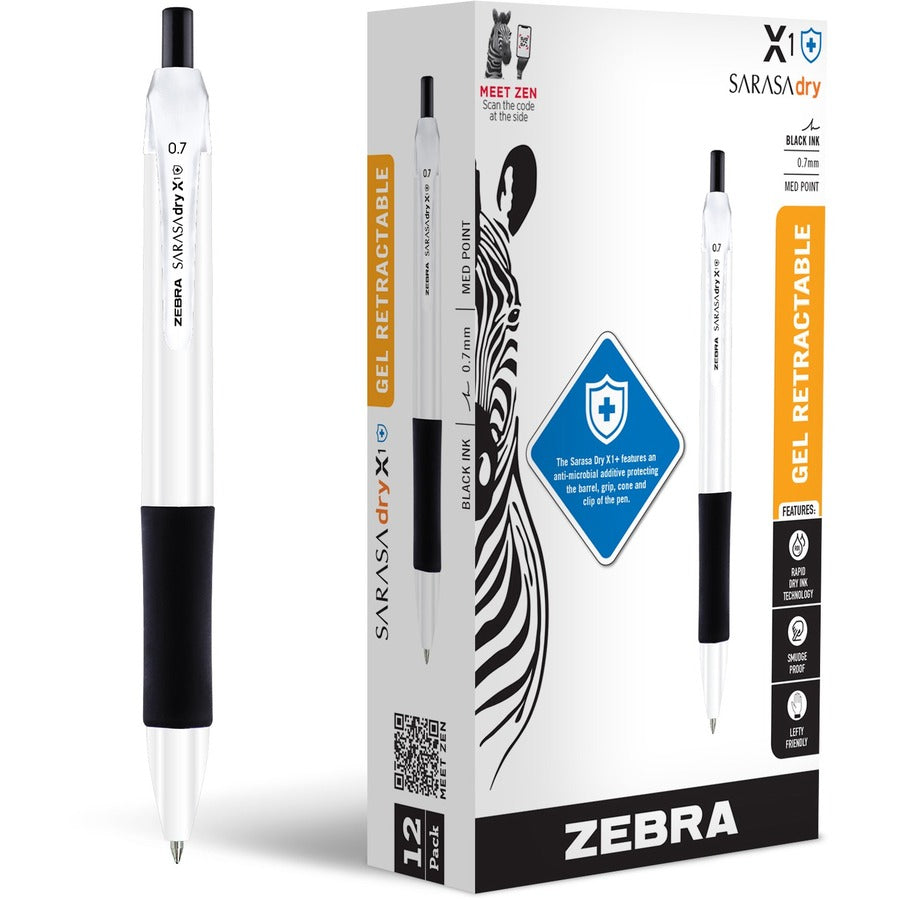 Zebra Pen SARASA dry X1+ Gel Pen - Refillable - Retractable - Black Ink - Plastic Barrel - 12 / Dozen