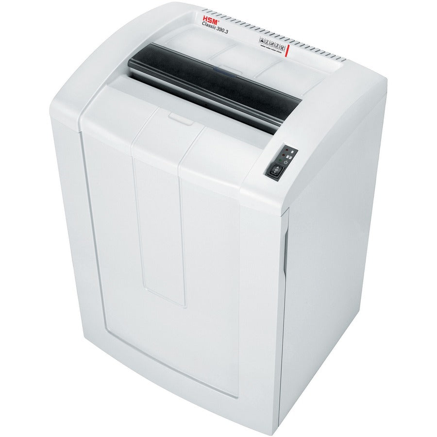 HSM Classic 390.3 - 1/32" x 3/16" + External Autom. Oiler - Continuous Shredder - Particle Cut - 7 Per Pass - for shredding Paper, Staples, Paper Clip - 0.031" x 0.187" Shred Size - P-7/F-3 - 15.75" Throat - 39.10 gal Wastebin Capacity - Light Gray