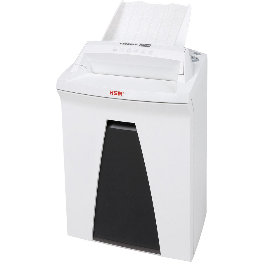 HSM SECURIO AF150 - 1/16" x 5/8" - Continuous Shredder - Particle Cut - 7 Per Pass - for shredding Staples, Paper, Paper Clip, Credit Card - 0.187" x 1.250" Shred Size - P-5/T-5/E-4/F-2 - 9.45" Throat - 9.20 gal Wastebin Capacity - White